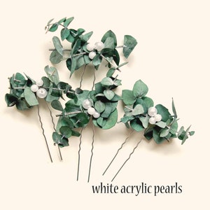 Eucalyptus pearl hair pins, Real eucalyptus bridal hair pin set White acrylic pearls