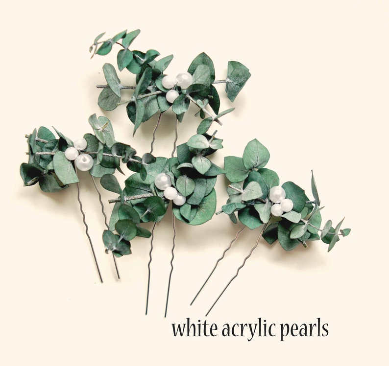 Eucalyptus pearl hair pins, Real eucalyptus bridal hair pin set White acrylic pearls