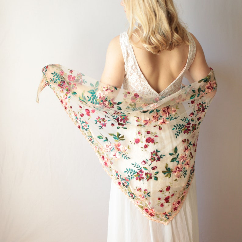 Garden rose wrap, floral embroidered shawl, Sheer bridal shawl wrap image 4