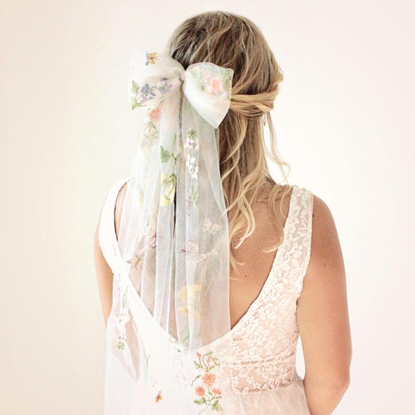 Tulle Hair Bow with Embroidered Flowers I Unique Floral Bridal Accessory