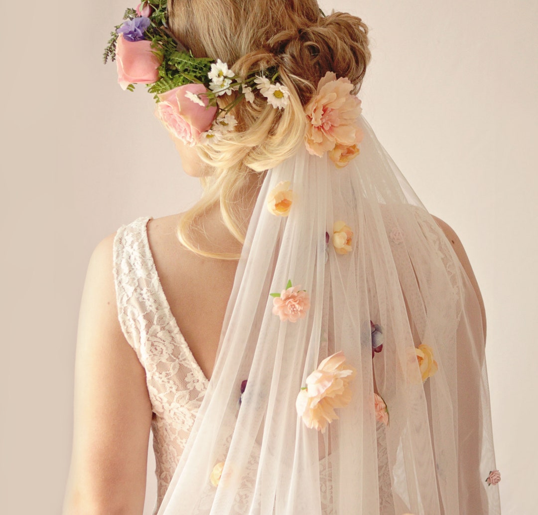 Flower Veil Floral Bridal Veil White Flower Veil Unique - Etsy