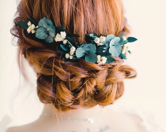 Épingles à cheveux eucalyptus, cheveux de mariée fleurs séchées, ensemble d'épingles à cheveux de mariée bohème