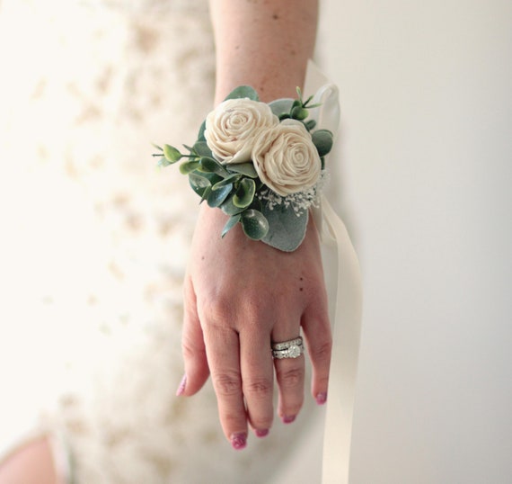 Sola Eucalyptus Corsage, 1 Wedding Corsage, Mother of the Bride Flower,  Woodland Boho Wrist, Farmhouse, Green Leaf Tie-on Ribbon 