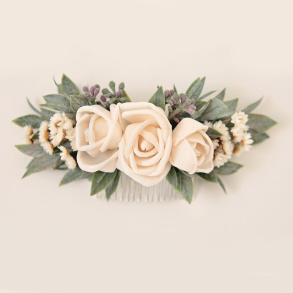 Sola flower comb, Eucalyptus bridal hair comb, Sola rose, Boho bridal hair