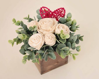 Valentines Day floral arrangement, Sola wood flowers, Artificial eucalyptus, Wooden planter box, Rustic flower arrangement, Unique gift