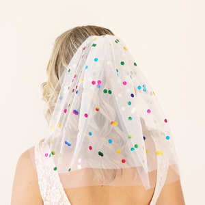 Rainbow confetti veil, Pink or White, Rainbow polka dots, Unique bridal veil, Bachelorette party