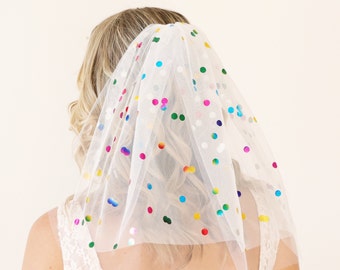 Rainbow confetti veil, Pink or White, Rainbow polka dots, Unique bridal veil, Bachelorette party