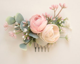 Mini flower hair comb, Bridesmaid flower combs, Pink flower comb, Faux eucalyptus, Eucalyptus bridal hair, Small flower hair comb