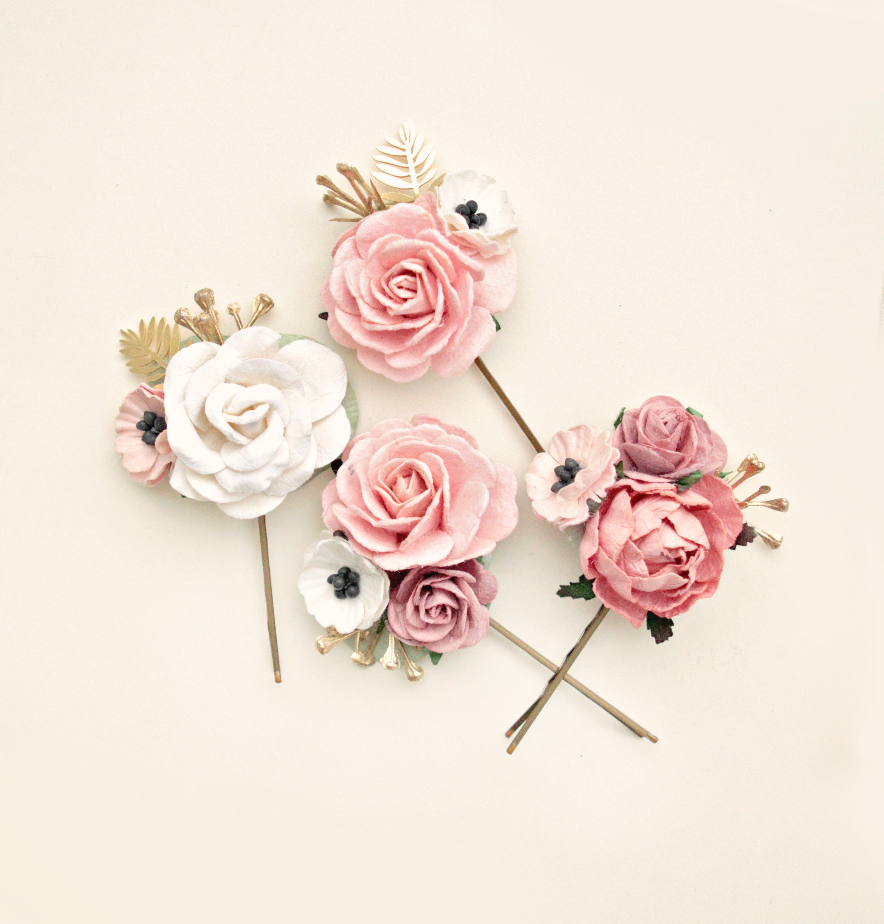 Flower bobby pins Blush and gold flower pin set Paper rose Etsy