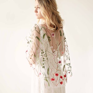 Wildflower bridal cape, Ceremony covering, Boho bridal shawl, Embroidered floral tulle cape