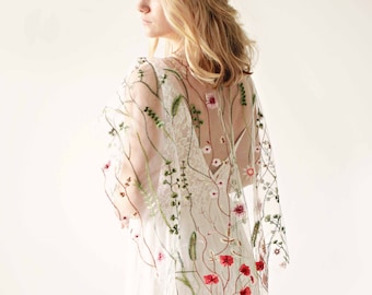 Wildflower bridal cape, Ceremony covering, Boho bridal shawl, Embroidered floral tulle cape