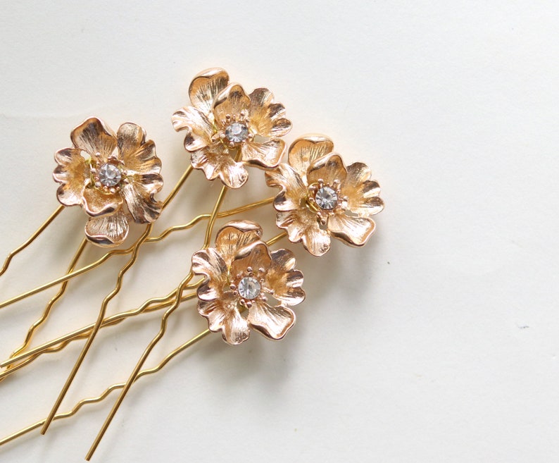 Gold flower bridal hair pins, Gold rhinestone bridal hair small, Minimalist bridal clips image 5