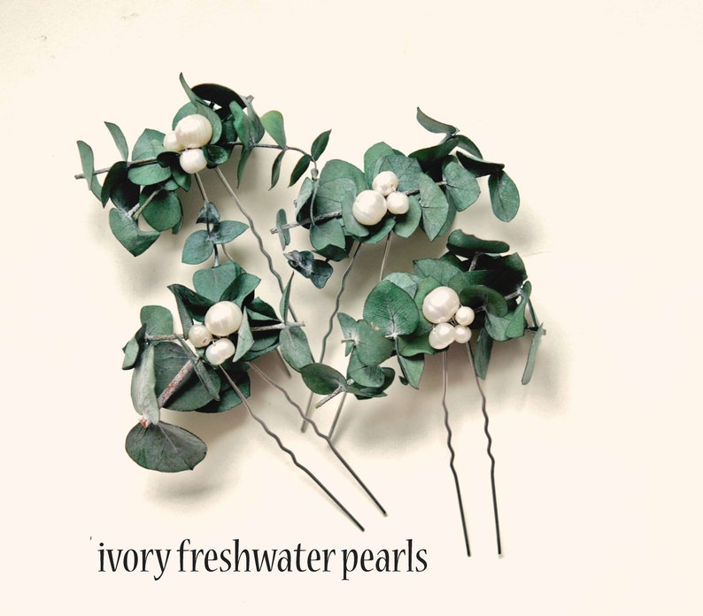Eucalyptus pearl hair pins, Real eucalyptus bridal hair pin set Freshwater pearls