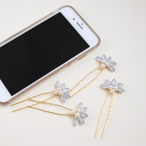 Opal pearl bridal hair pins, Wedding rhinestone hair clip set image 5