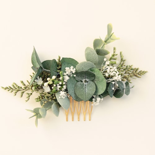 Peigne de mariée eucalyptus, peigne de verdure de mariage, cheveux de mariée bohème, casque d'eucalyptus, peigne de fleurs séchées