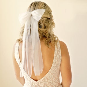 White tulle bridal hair bow, Veil alternative, Wedding bow veil image 2