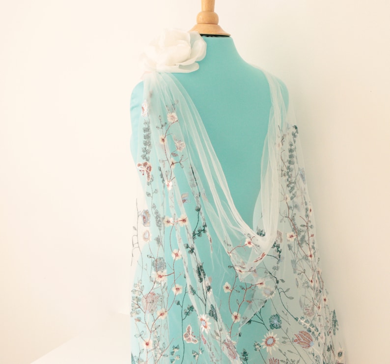 Water lily bridal cape, Clip-on drape cape, Ceremony covering, Blue boho bridal cape 画像 7