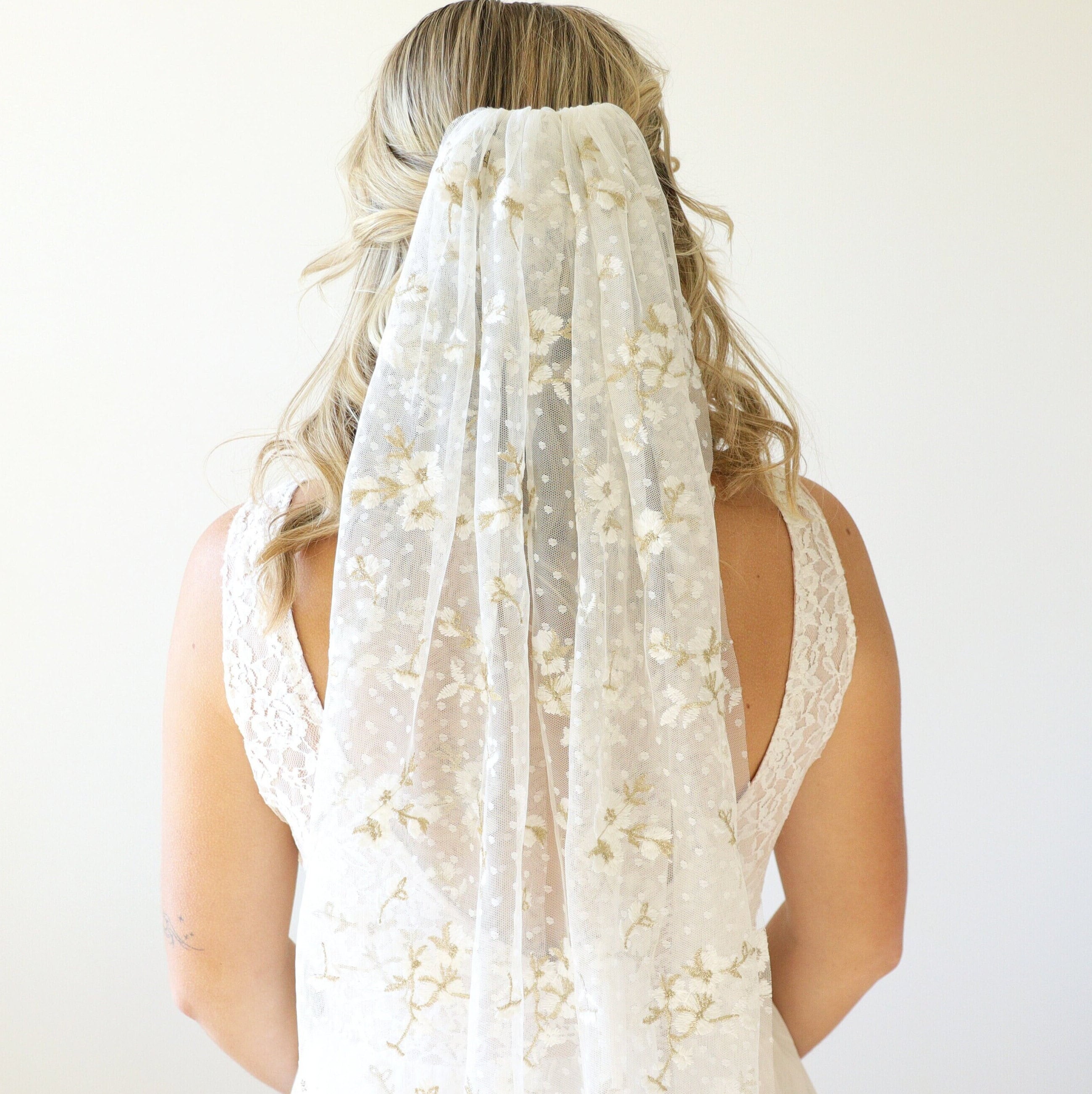 White Dot Wedding Veil with Gold Flower Embroidery I Soft Tulle Bridal Veil