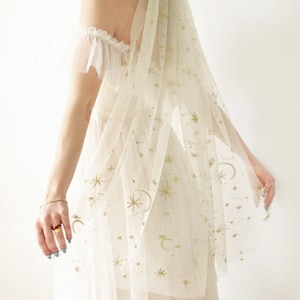 Glittered tulle with moon & star embroidery bridal veil - Celestial