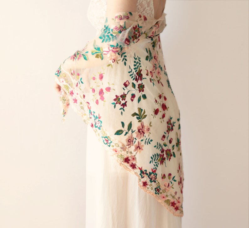 Garden rose wrap, floral embroidered shawl, Sheer bridal shawl wrap image 2