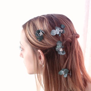 Eucalyptus pearl hair pins, Real eucalyptus bridal hair pin set image 2