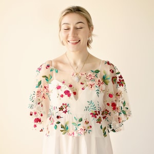 Garden party bridal cover-up, Ceremony covering, Embroidered floral tulle capelet