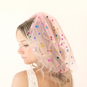 Rainbow confetti veil, Pink or White, Rainbow polka dots, Unique bridal veil, Bachelorette party