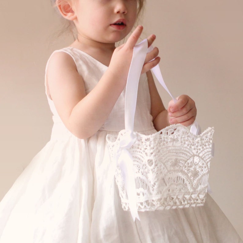 Lace flower girl basket, Flower girl basket white, Stiffened crochet image 1