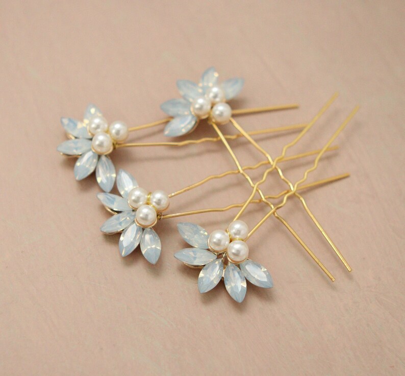 Opal pearl bridal hair pins, Wedding rhinestone hair clip set image 3