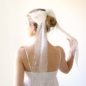 May include: A white tulle bow with sequins, worn as a hair accessory. The bow is tied in a large knot and has a long, flowing tail.