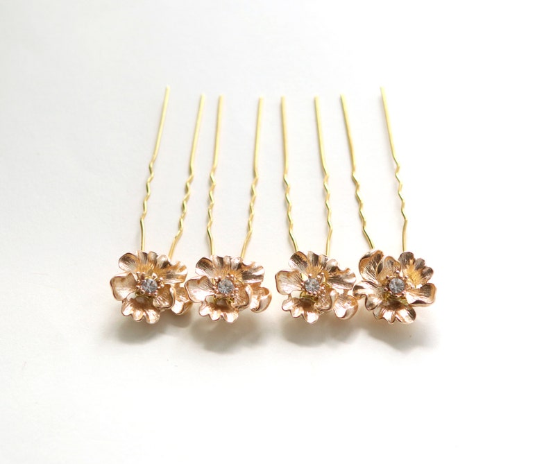 Gold flower bridal hair pins, Gold rhinestone bridal hair small, Minimalist bridal clips image 6