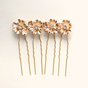 Gold flower bridal hair pins, Gold rhinestone bridal hair small, Minimalist bridal clips image 4