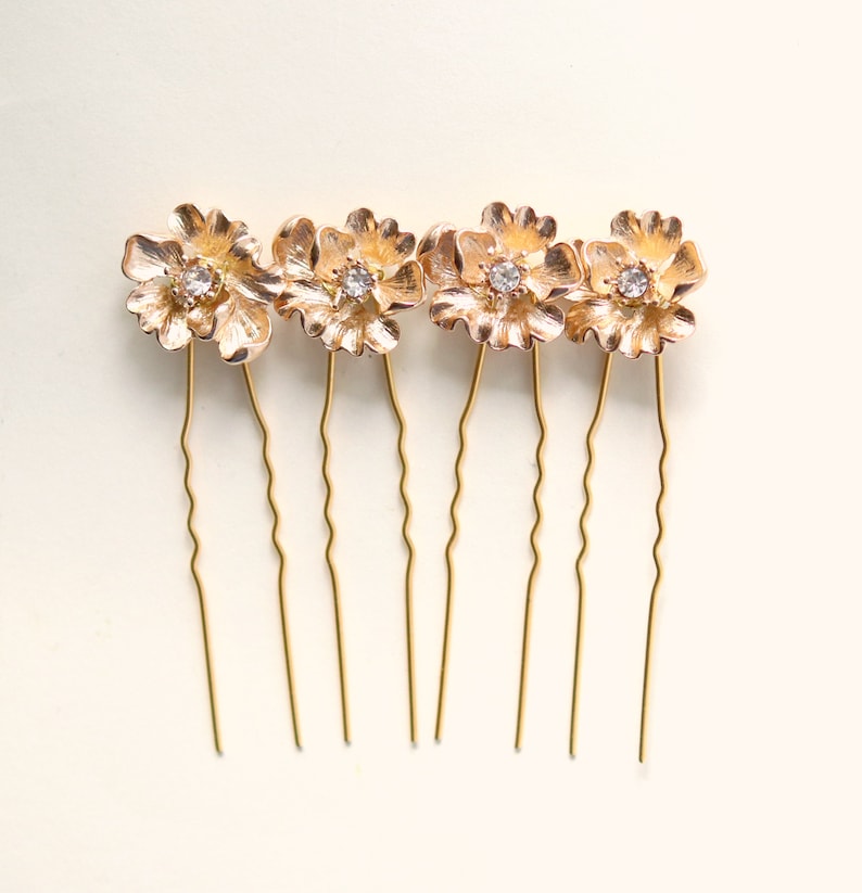 Gold flower bridal hair pins, Gold rhinestone bridal hair small, Minimalist bridal clips image 4