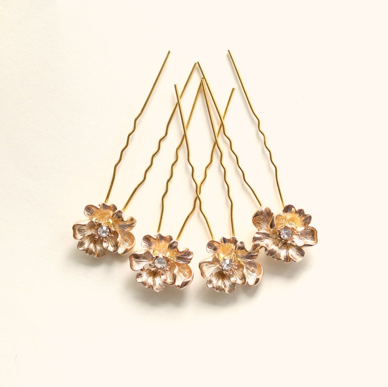 Gold flower bridal hair pins, Gold rhinestone bridal hair small, Minimalist bridal clips image 2