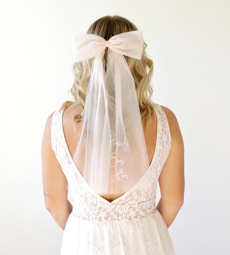 Happily ever after blush hair bow, Heat press word veil, Veil alternative image 3