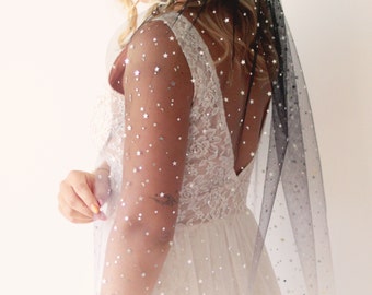 Ombre star bridal veil, Unique wedding veil, Silver star veil, Night sky veil