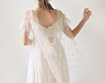 Constellation bridal cape, Clip-on drape cape, Ceremony covering, Boho bridal cape, Embroidered floral tulle cape, Embroidery bridal capelet