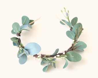 Flower girl crown, Boho eucalyptus leaf headband