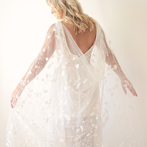 White wildflower clip-on cape: Embroidered tulle bridal drape style