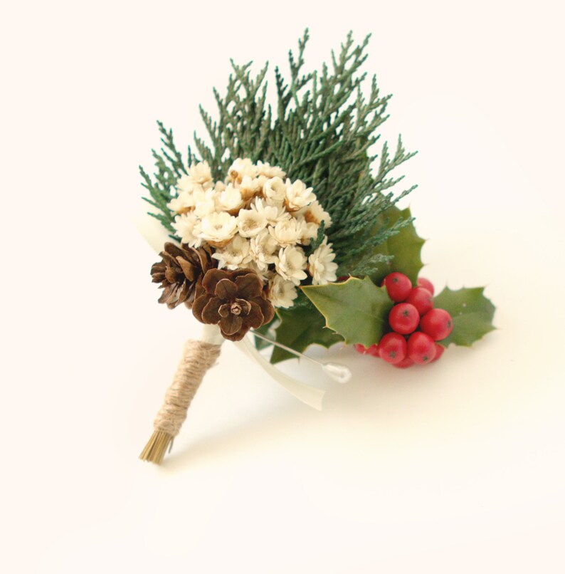 Winter wedding boutonniere, Winter wedding, Groomsmen pin corsage image 2