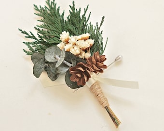 Winter wedding boutonniere, Winter wedding, Groomsmen pin corsage, Rustic cedar boutonniere