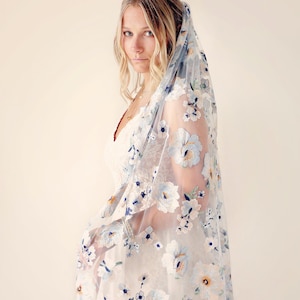 Embroidered blue floral bridal veil