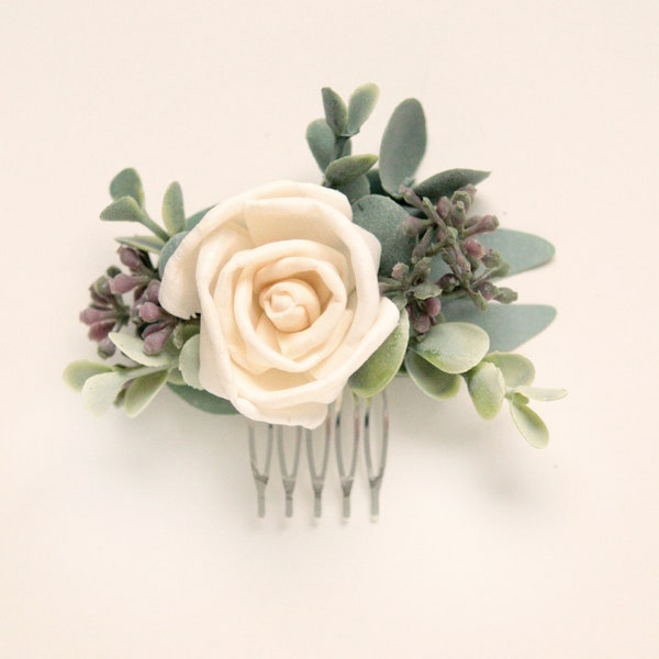 Eucalyptus bridal hair comb, Sola rose, Boho bridal hair, Small bridal headpiece