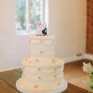 May include: A two-tiered white cake decorated with piped frosting swags and small pink floral accents. The top of the cake features a figurine of two white rabbits, one wearing a white dress and pink bow, the other in a black suit.