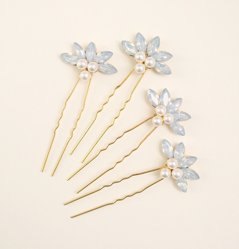 Opal pearl bridal hair pins, Wedding rhinestone hair clip set image 4