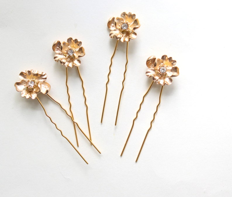 Gold flower bridal hair pins, Gold rhinestone bridal hair small, Minimalist bridal clips image 7