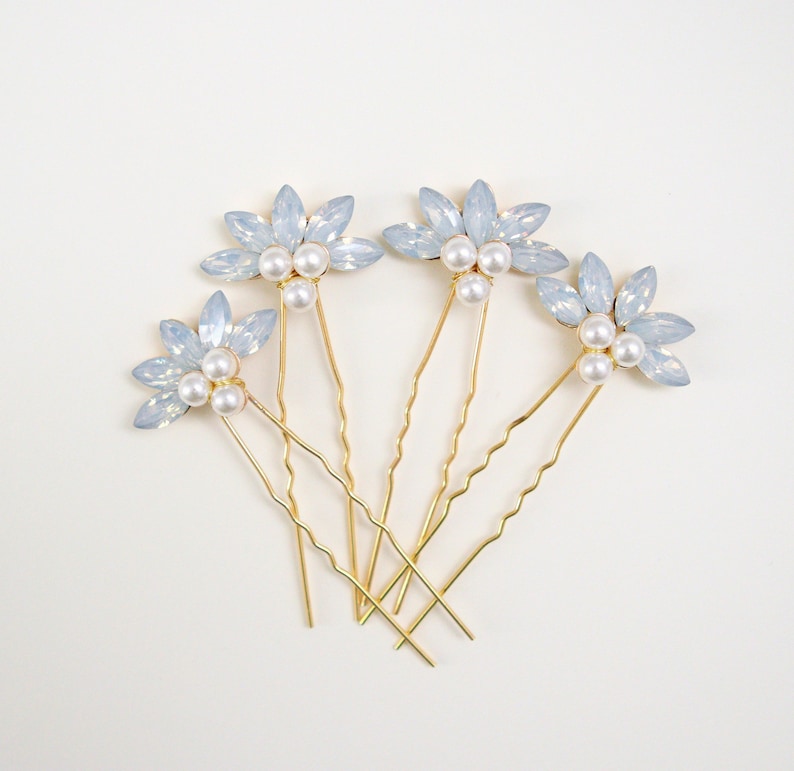 Opal pearl bridal hair pins, Wedding rhinestone hair clip set image 6