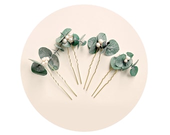Eucalyptus pearl hair pins, Real eucalyptus bridal hair pin set