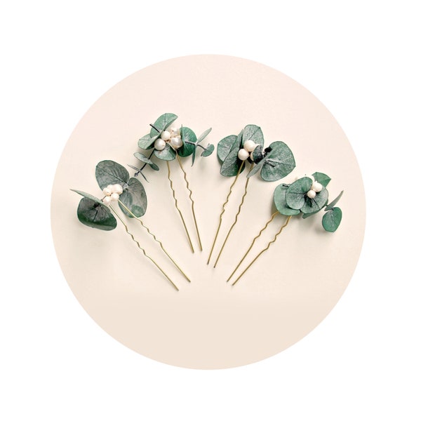 Eucalyptus pearl hair pins, Real eucalyptus bridal hair pin set