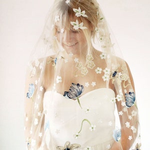Blue floral embroidered bridal veil